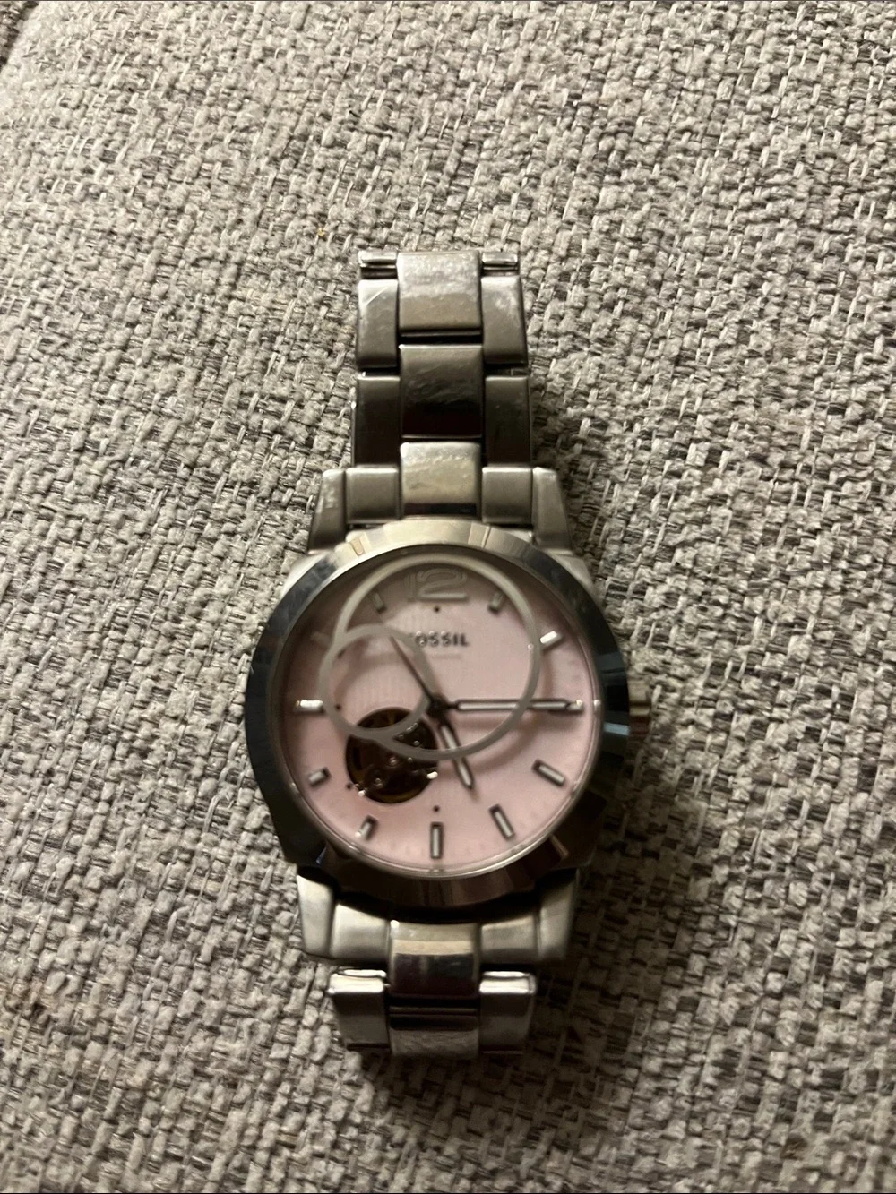 Fossil Silver Link Watch with Pink Dial